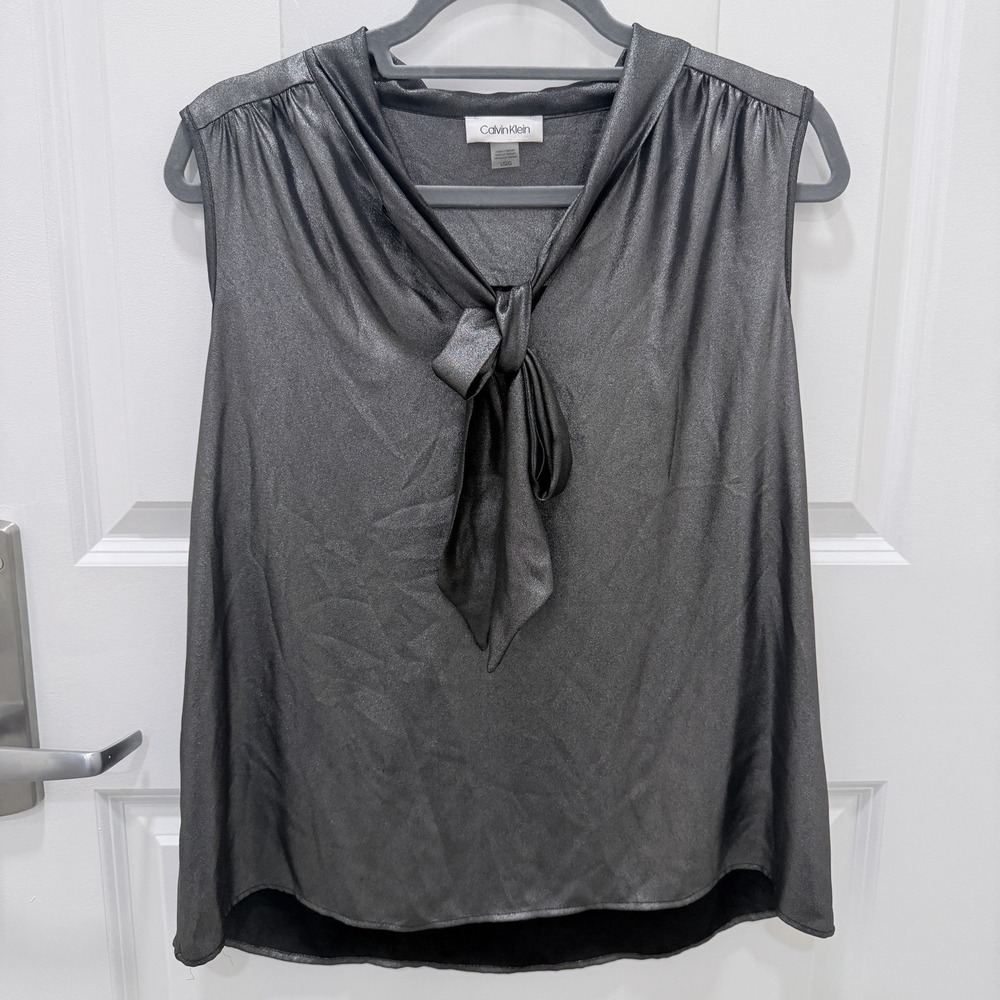 Calvin Klein Women L Metallic Silver Sleeveless Tie Neck Blouse Career Party